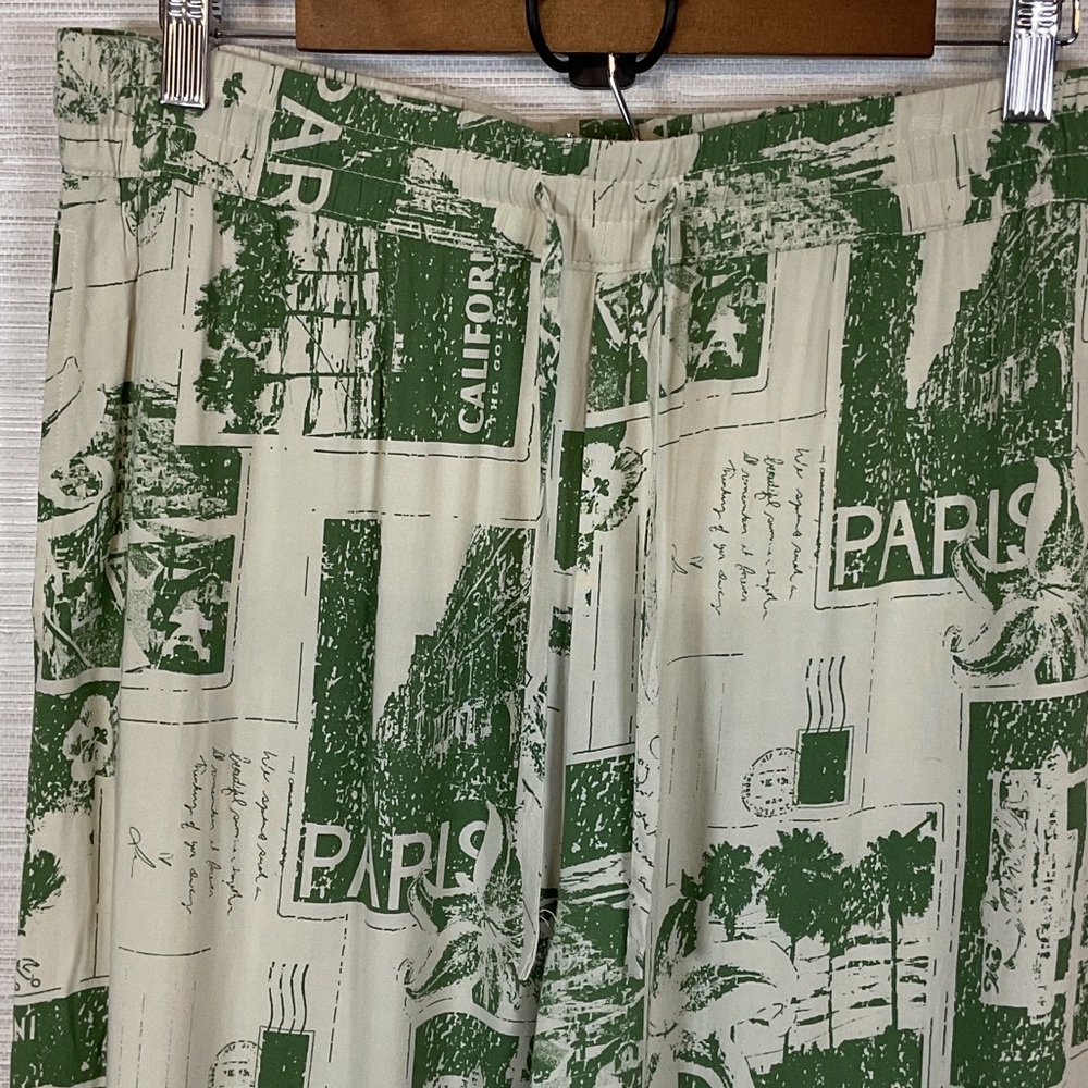 Urban Outfitters Wide Leg Printed Green Cream Beach Pants Large Flowy - Picture 2 of 11